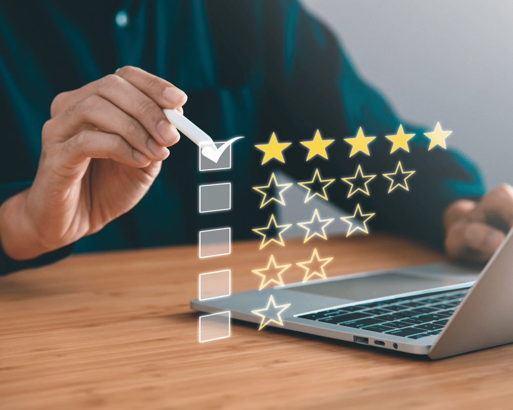 Customer leaving a five-star review on a digital rating screen