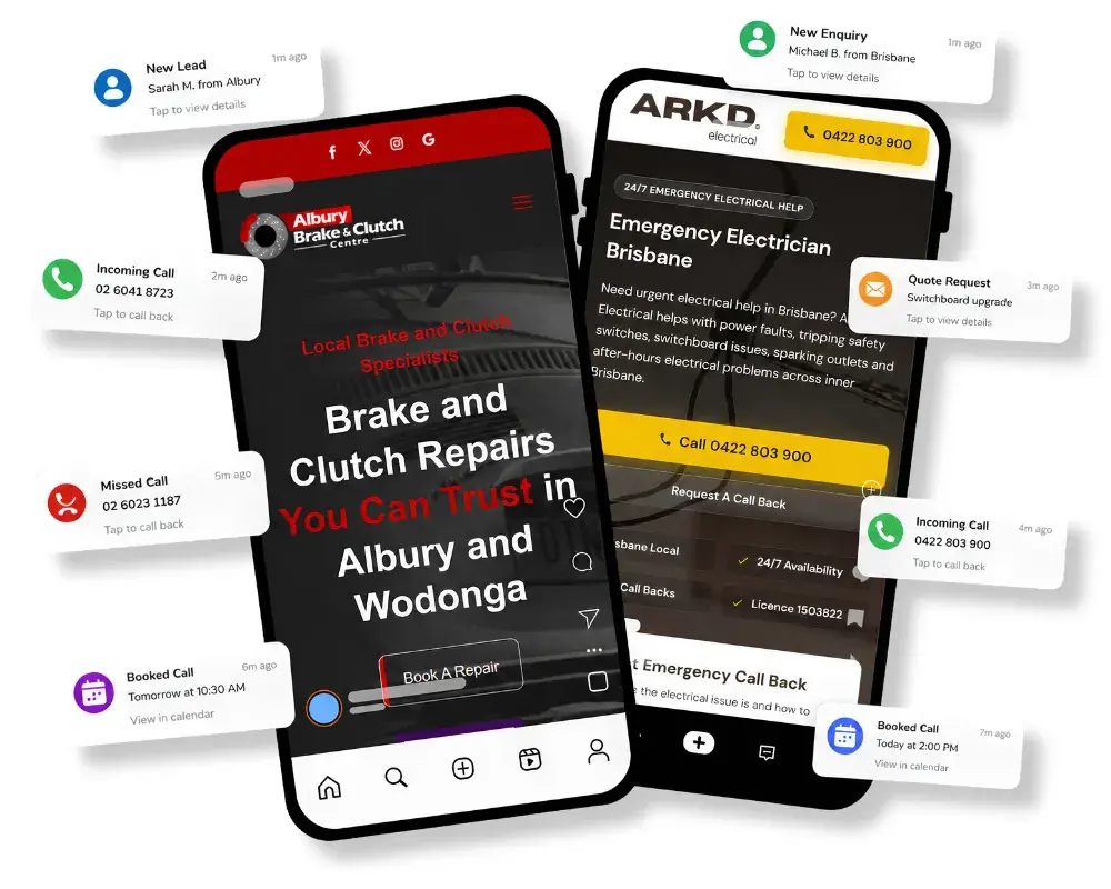 Mobile website experiences surrounded by call, enquiry and booking notifications