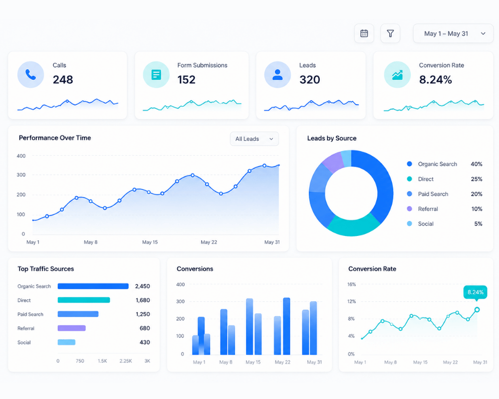 Analytics dashboard showing leads, calls, conversions and performance trends