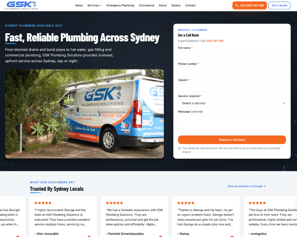 Website landing page showing a clear enquiry form and calls to action