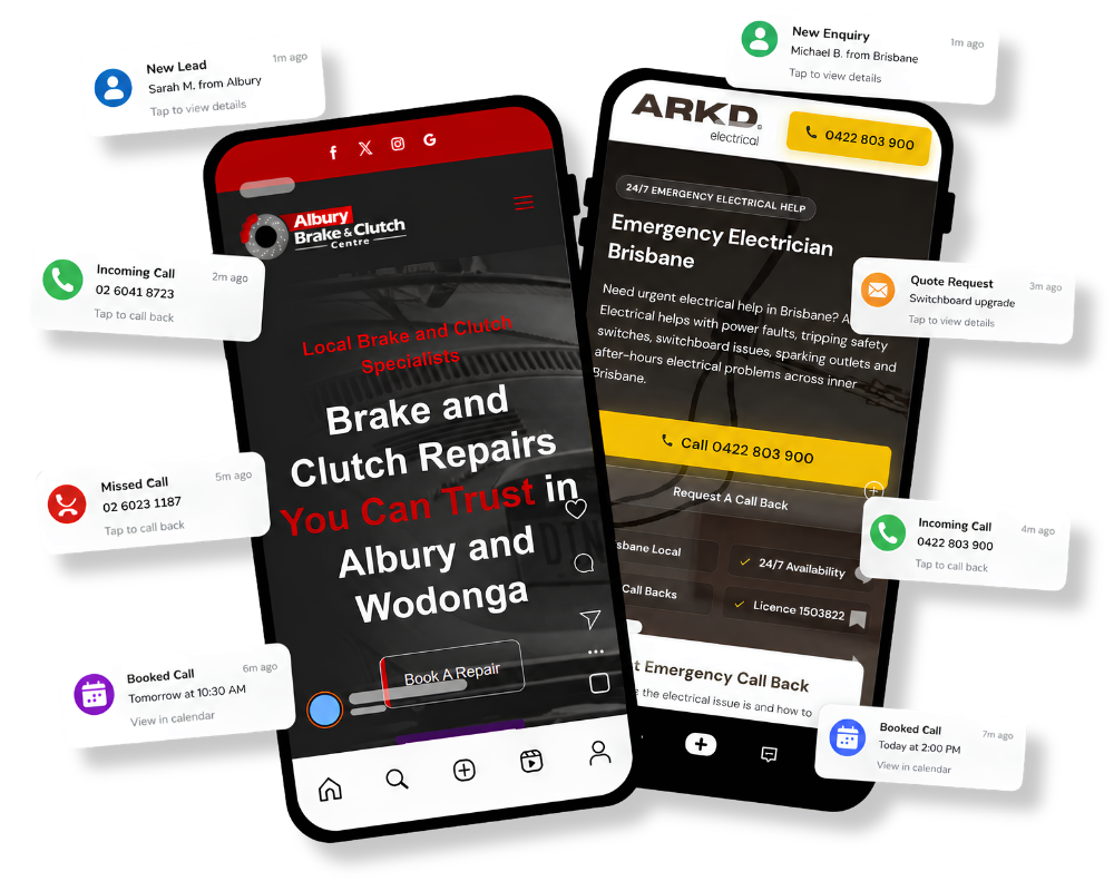 Mobile website experiences surrounded by call, enquiry and booking notifications