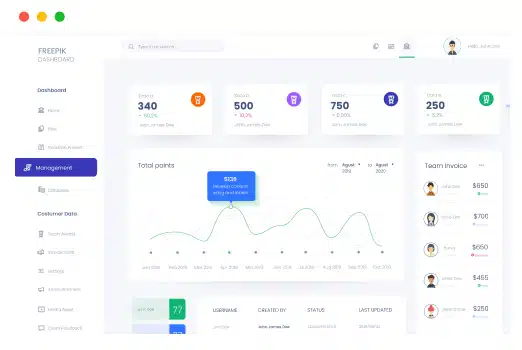 A modern dashboard interface showing user stats, team invoices, total points plotted on a graph, and sidebar navigation options. Cards display data like delivery count, success rate, and completed orders.